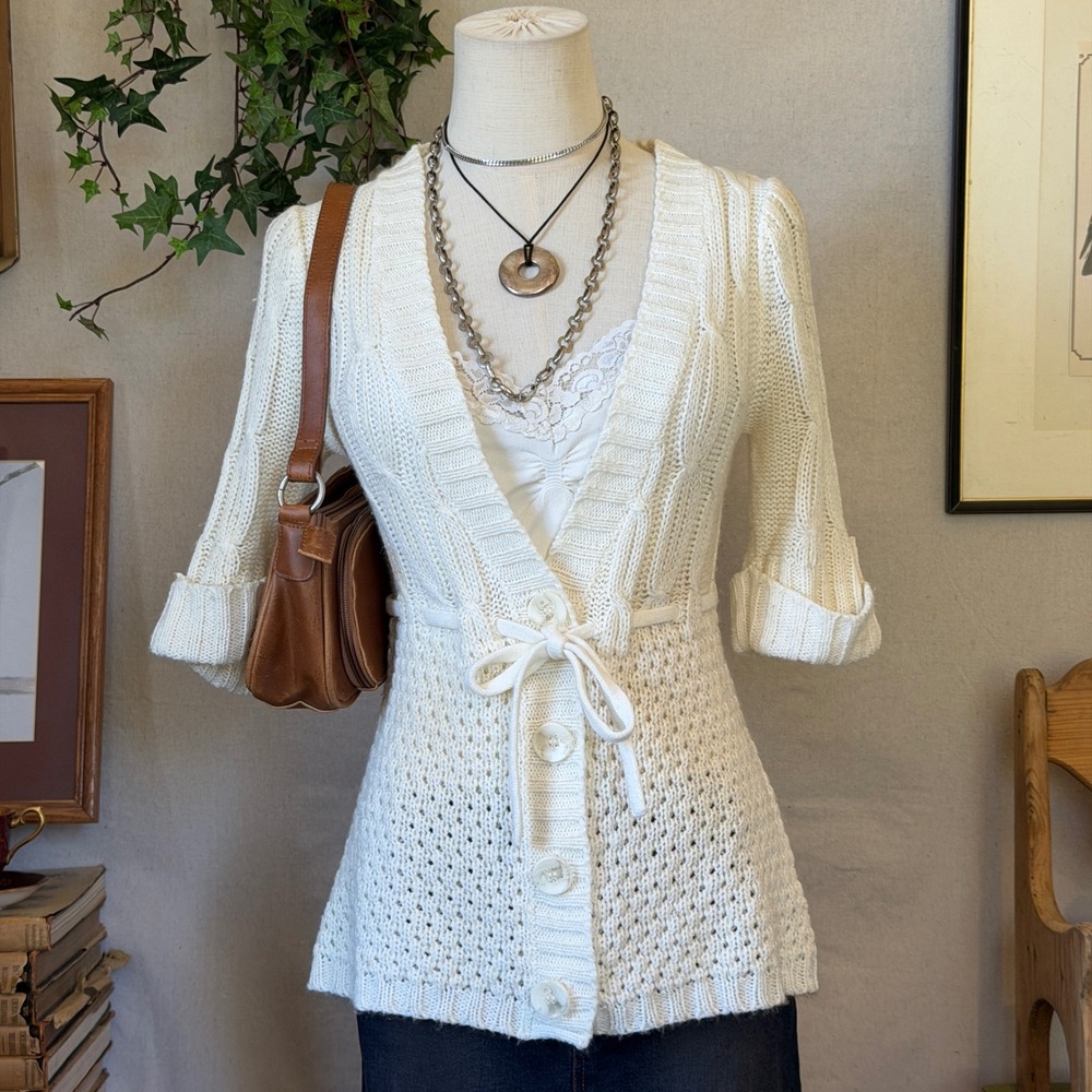 Cream Ribbed Acrylic Cardigan Short Sleeve Tie Waist Coquette S Girly Grunge